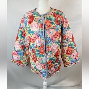 Woman’s  Size S Oversized Bright Floral Ruffle Coat Jacket Quilted Look Colorful